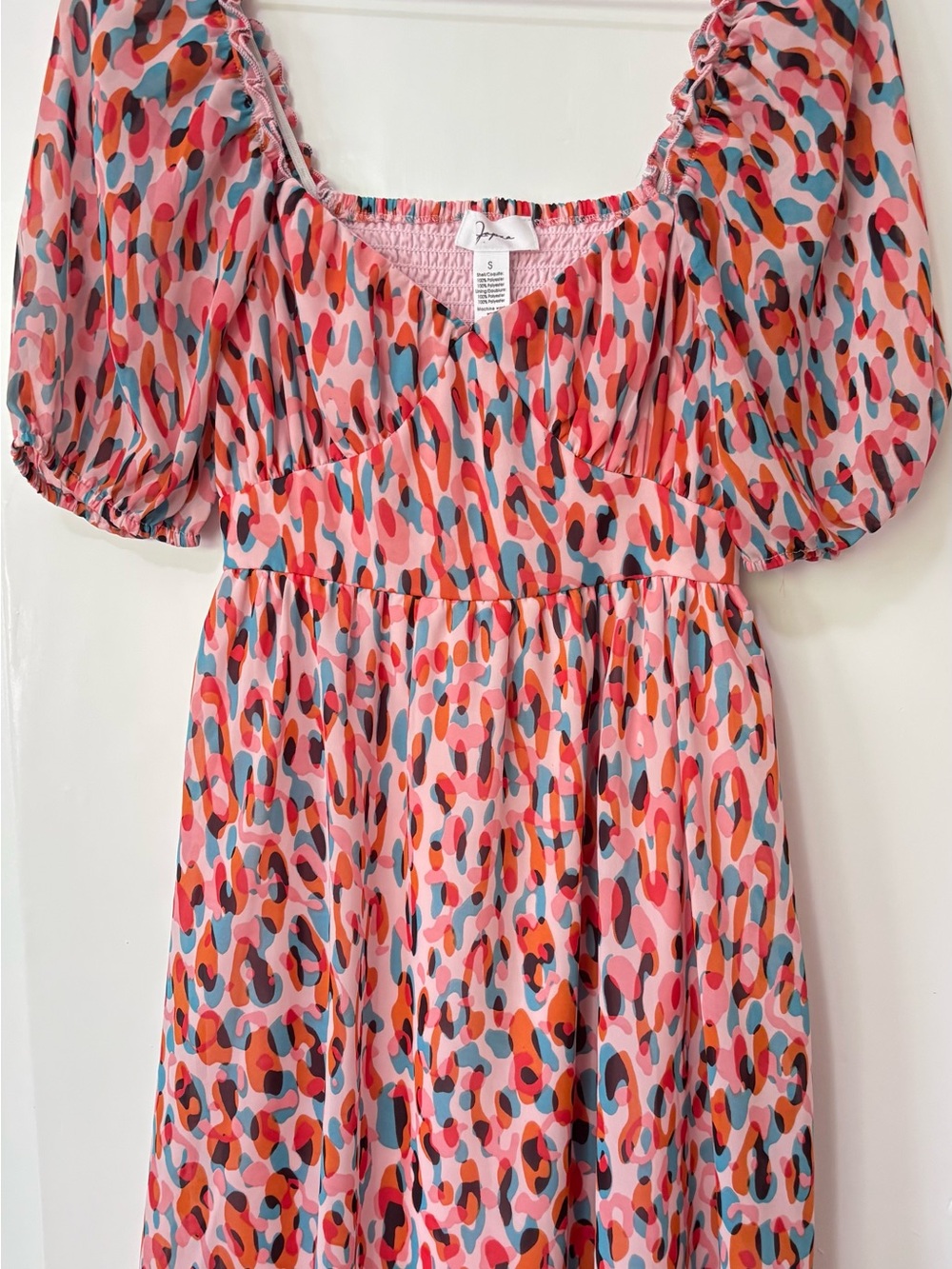 Anthropologie| Japna| Pink Multi-Colour Puff-Sleeve Full Skirt Mini Dress Sz S